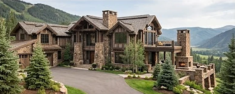 A stone and timber lodge with a tall chimney, set among pines with mountains behind.