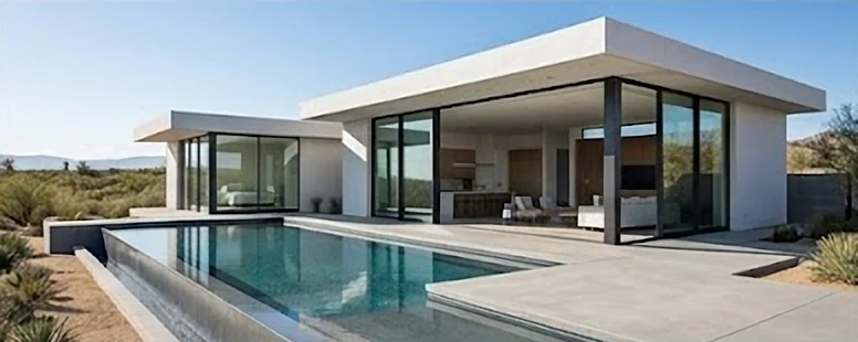 A flat-roofed modern pavilion with glass walls beside a long infinity pool.