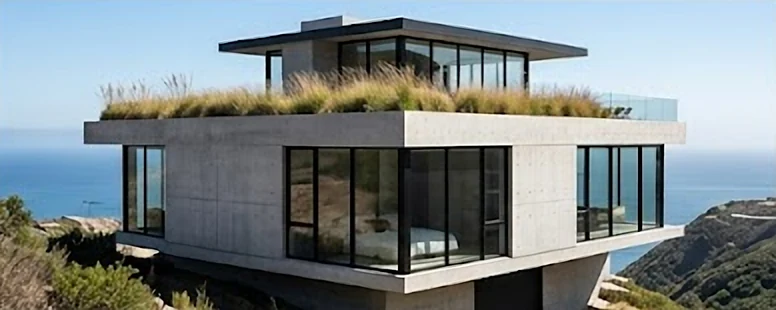 A concrete and glass house with a planted roof, standing above the sea.