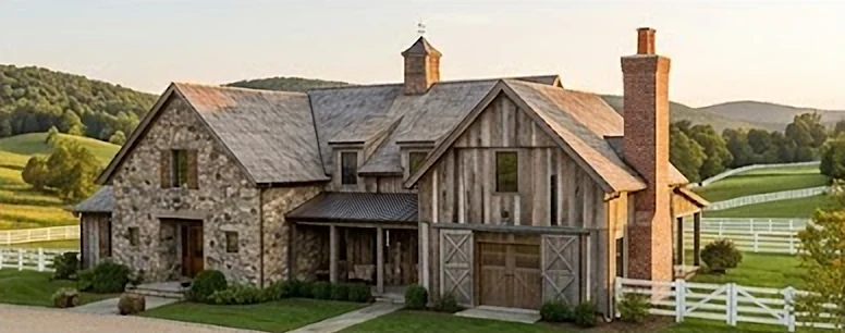 A stone and timber farmhouse with a chimney, white fences and rolling hills behind.