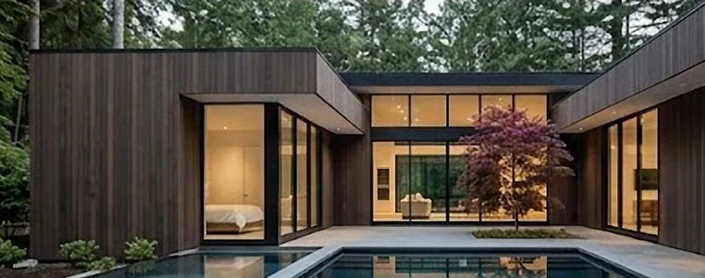 A dark timber courtyard house with glass walls, a red maple and a pool, in a forest.